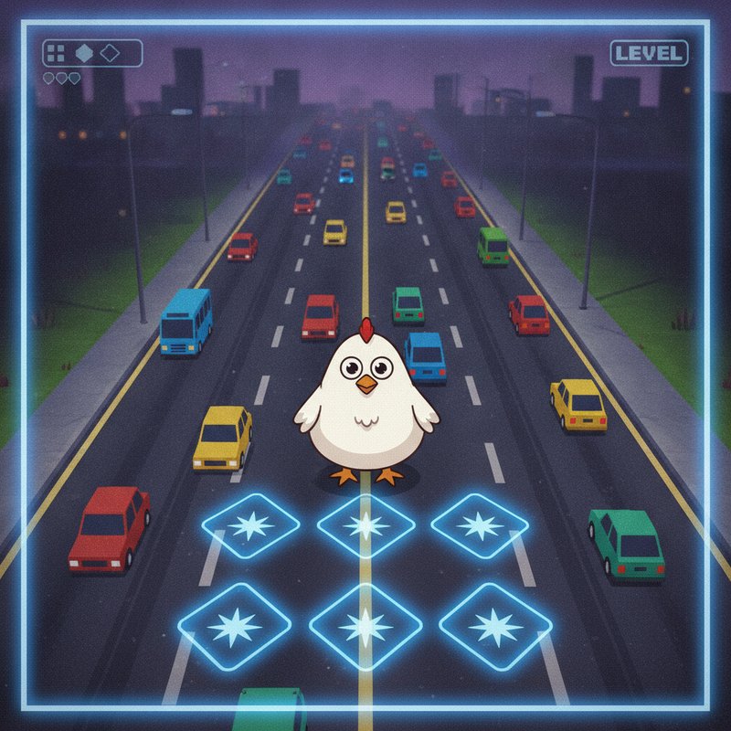 Chicken Road 2 gameplay showing white chicken crossing 6-lane road with multiplier markers